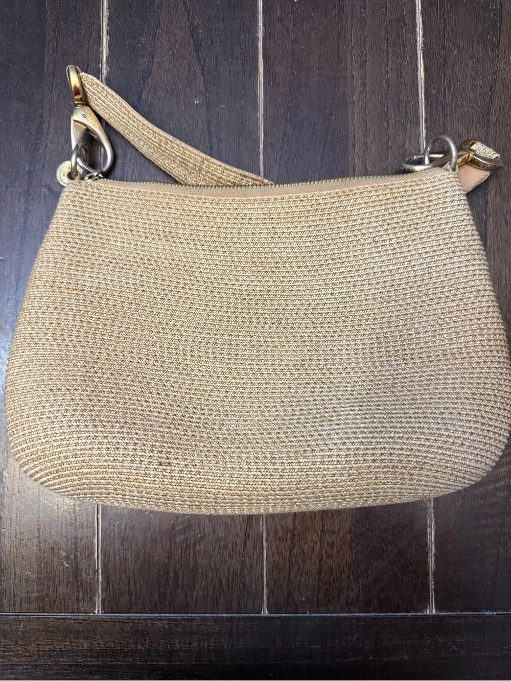 Eric Javits Woven Shoulder Bag Tan Gold Zip Top Summer Resort Purse